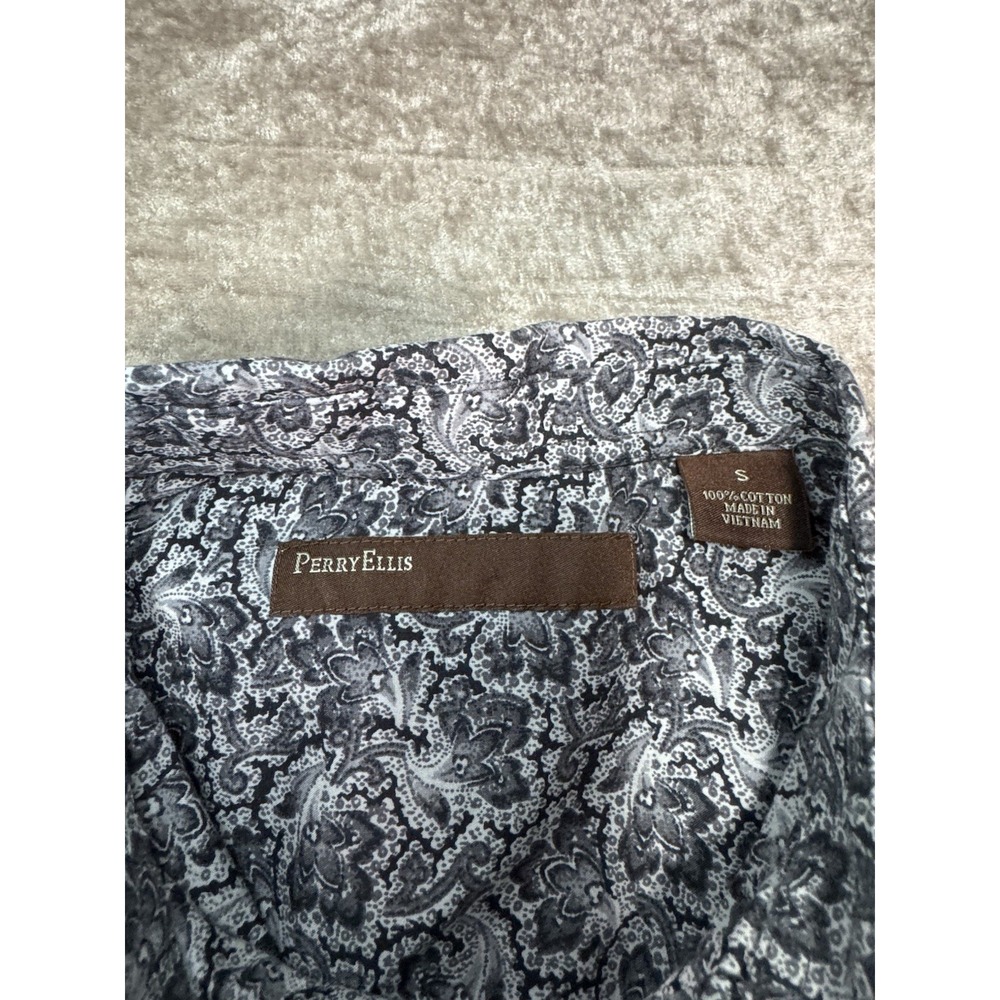 Perry Ellis Men's S Slim Fit Cotton Dress Shirt Black White Paisley Long Sleeve - Picture 2 of 9